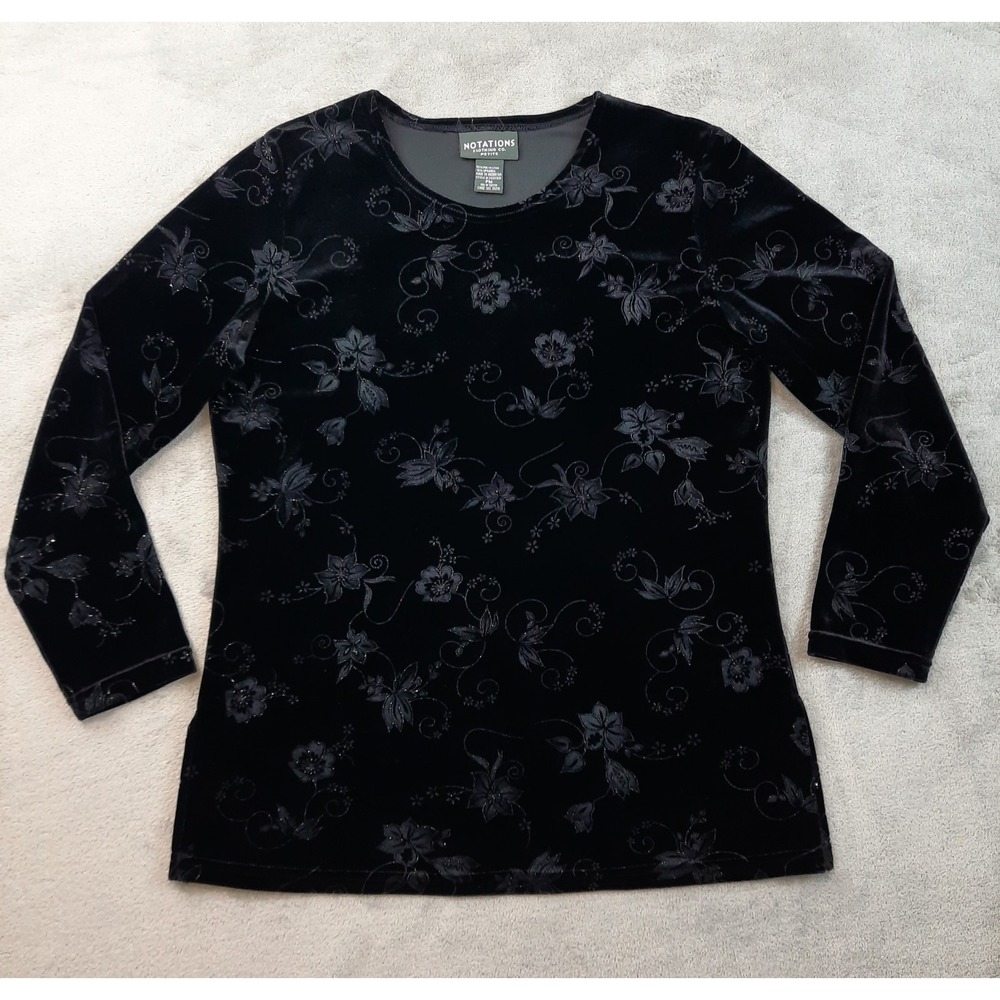 Vintage Black Floral Velvet Burnout Top Petite Medium Dark Fairy Whimsigoth Y2K